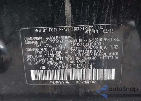 2012 Subaru Forester 2.5X z USA, uszkodzony, nr VIN JF2SHABC6CH452640